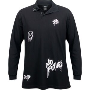 Social Collision Mens Black Punk Graffiti Long Sleeve Polo Shirt Large No Future